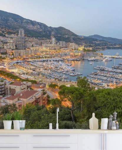 Franse zonsondergang aanpasbare behangmuurschildering genaamd Monaco Sunset Ariel View voor thuis, kantoren, slaapkamers en meer