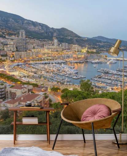mural de papel pintado personalizable de puesta de sol francesa llamado Monaco Sunset Ariel View para el hogar, oficinas, dormitorios y más