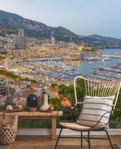 ranskalainen auringonlaskun muokattava taustakuvamaalaus nimeltä Monaco Sunset Ariel View kotitoimistoihin, makuuhuoneisiin ja muuhun
