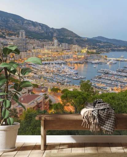 mural de papel pintado personalizable de puesta de sol francesa llamado Monaco Sunset Ariel View para el hogar, oficinas, dormitorios y más