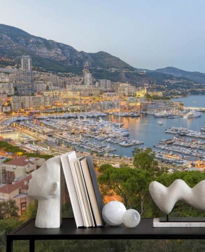 mural de papel pintado personalizable de puesta de sol francesa llamado Monaco Sunset Ariel View para el hogar, oficinas, dormitorios y más