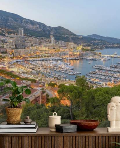 mural de papel pintado personalizable de puesta de sol francesa llamado Monaco Sunset Ariel View para el hogar, oficinas, dormitorios y más mural de papel pintado personalizable de puesta de sol francesa llamado Monaco Sunset Ariel View para el hogar, oficinas, dormitorios y más