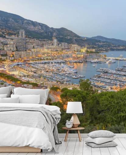 mural de papel de parede personalizável ao pôr do sol francês chamado Monaco Sunset Ariel View para escritórios domésticos, quartos e muito mais mural de papel de parede personalizável ao pôr do sol francês chamado Monaco Sunset Ariel View para escritórios domésticos, quartos e muito mais