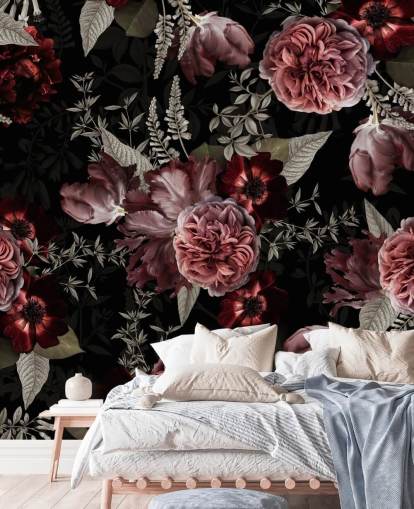 peônia floral escura em papel de parede rosa