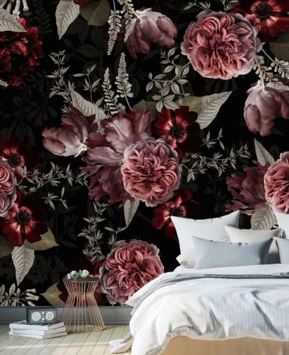 donkere bloemenpioen roos in roze behang donkere bloemenpioen roos in roze behang