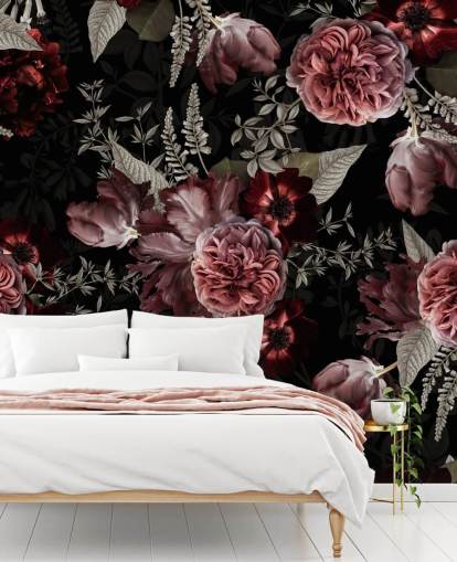 pivoine florale foncée en papier peint rose