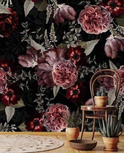 peônia floral escura em papel de parede rosa