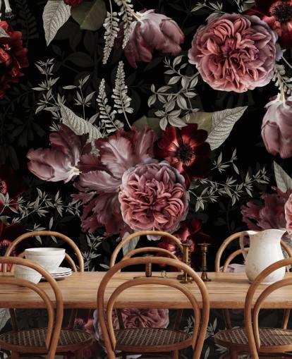 donkere bloemenpioen roos in roze behang donkere bloemenpioen roos in roze behang