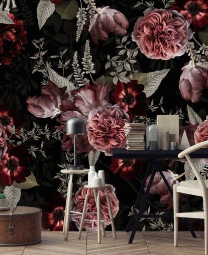 pivoine florale foncée en papier peint rose