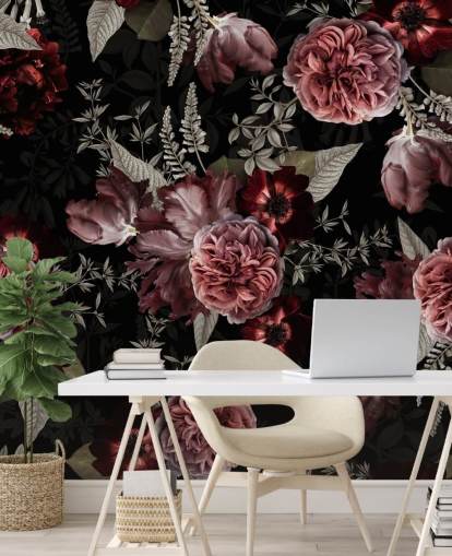 donkere bloemenpioen roos in roze behang donkere bloemenpioen roos in roze behang
