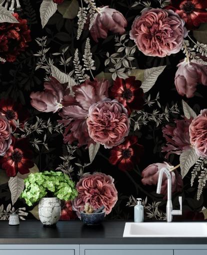 dark floral peony in pink wallpaper
