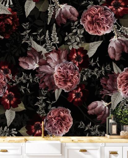 dark floral peony in pink wallpaper