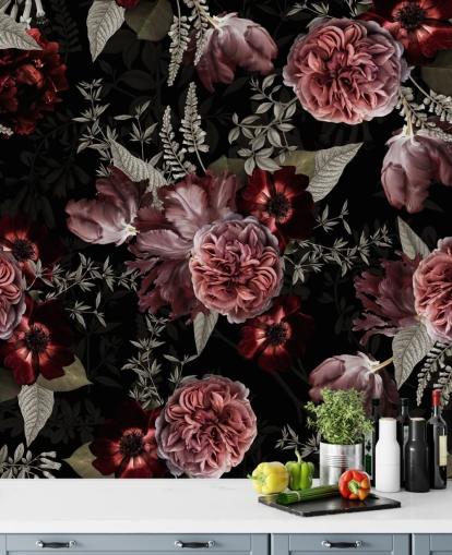 carta da parati peonia floreale scura in rosa