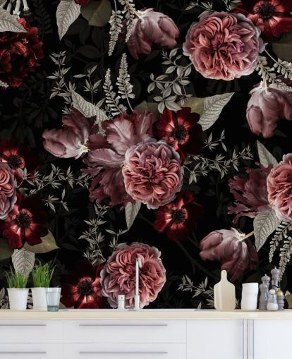 peonía floral oscura en papel pintado rosa