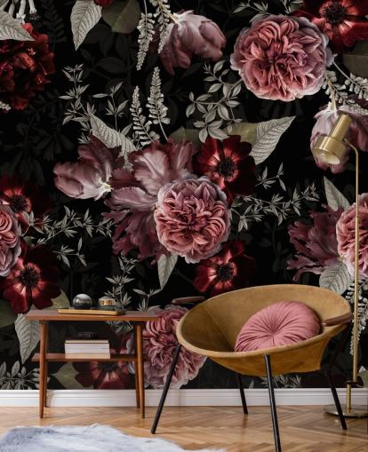 mørke blomster pæon i pink tapet