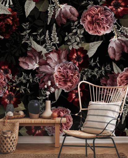 mørke blomster pæon i pink tapet
