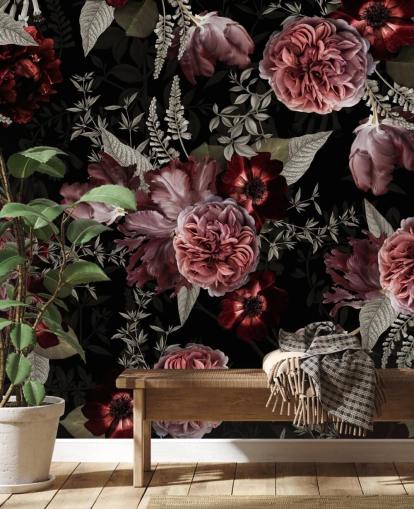 dark floral peony in pink wallpaper