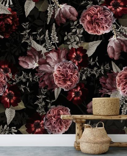 peonía floral oscura en papel pintado rosa peonía floral oscura en papel pintado rosa