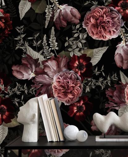 peônia floral escura em papel de parede rosa