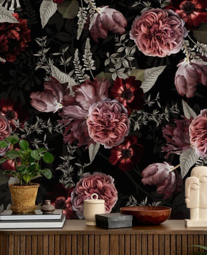 carta da parati peonia floreale scura in rosa