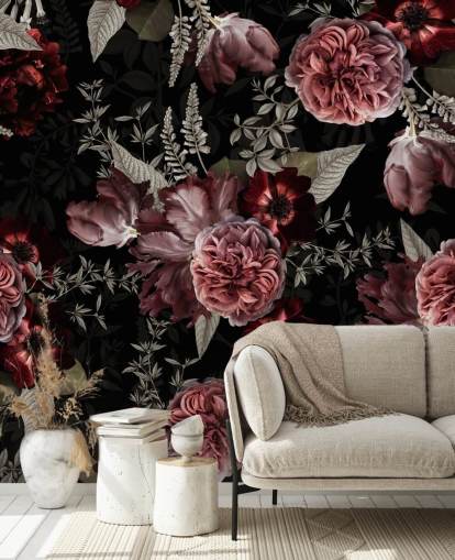 dark floral peony in pink wallpaper