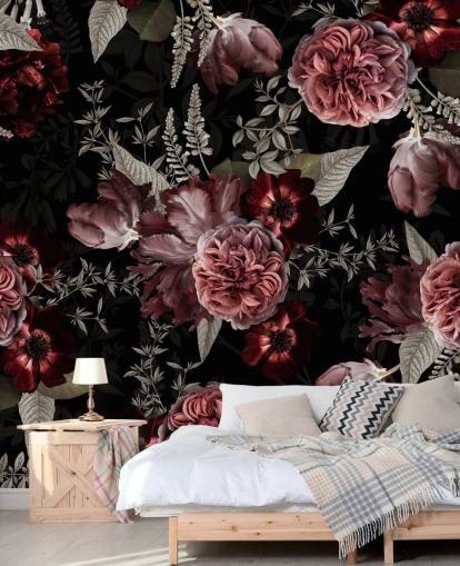 dark floral peony in pink wallpaper