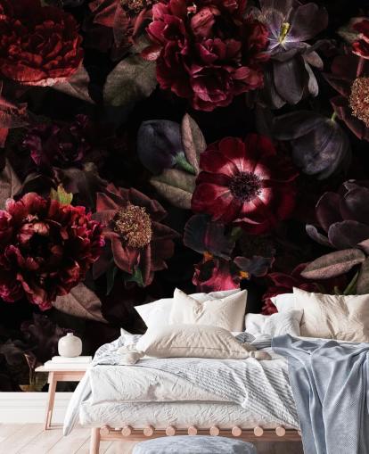 vaaleanpunainen ja violetti tumma kukka-taustakuvamaalaus nimeltä Dark Bouquet, kirjoittanut Uta Naumann makuuhuoneisiin ja olohuoneisiin