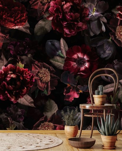 rosa och lila mörk blommig tapetväggmålning kallad Dark Bouquet av Uta Naumann för sovrum och vardagsrum
