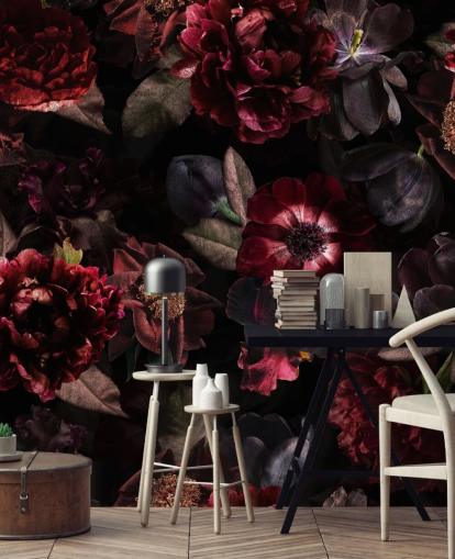 rosa og lilla mørkt blomstertapet veggmaleri kalt Dark Bouquet av Uta Naumann for soverom og stuer