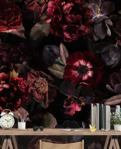 vaaleanpunainen ja violetti tumma kukka-taustakuvamaalaus nimeltä Dark Bouquet, kirjoittanut Uta Naumann makuuhuoneisiin ja olohuoneisiin vaaleanpunainen ja violetti tumma kukka-taustakuvamaalaus nimeltä Dark Bouquet, kirjoittanut Uta Naumann makuuhuoneisiin ja olohuoneisiin