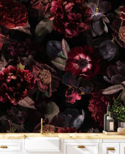 pink and purple dark floral wallpaper mural called Dark Bouquet by Uta Naumann for bedrooms and living rooms