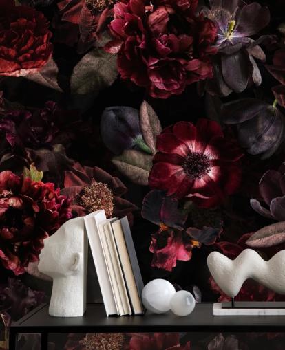 pink and purple dark floral wallpaper mural called Dark Bouquet by Uta Naumann for bedrooms and living rooms