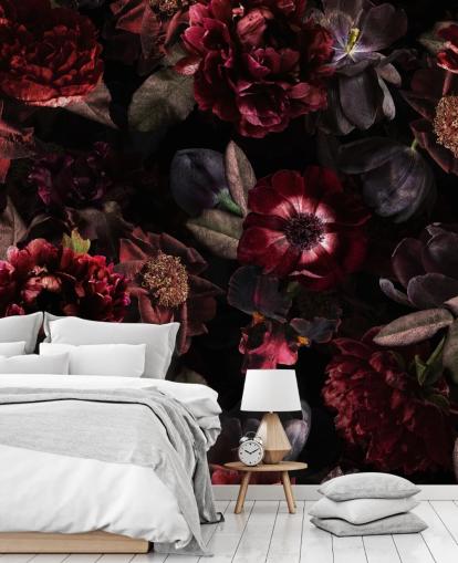 pink and purple dark floral wallpaper mural called Dark Bouquet by Uta Naumann for bedrooms and living rooms