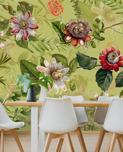 fleurs rouges sur fond vert papier peint 