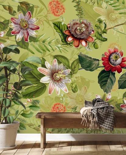 papel tapiz de flores rojas sobre fondo verde 