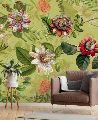 fleurs rouges sur fond vert papier peint 