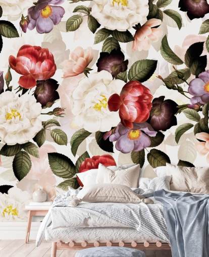 wit, roze en paars bloemenbehang wit, roze en paars bloemenbehang