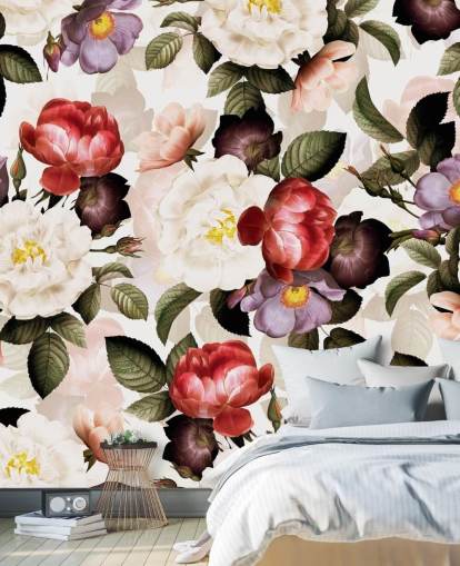 papel pintado floral blanco, rosa y morado