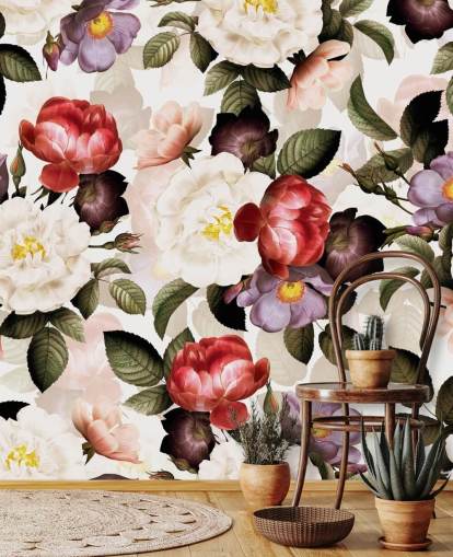 wit, roze en paars bloemenbehang