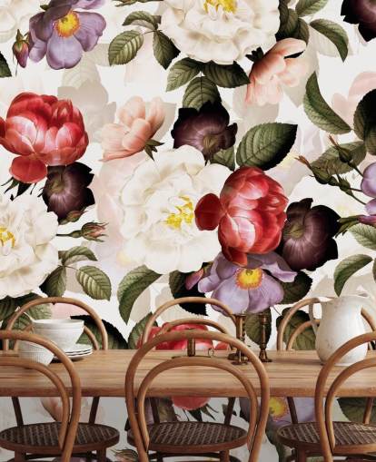 papel pintado floral blanco, rosa y morado