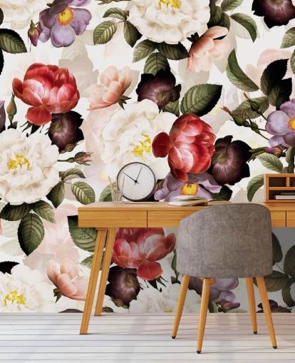 papel pintado floral blanco, rosa y morado