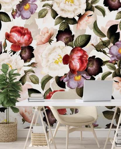 papel pintado floral blanco, rosa y morado