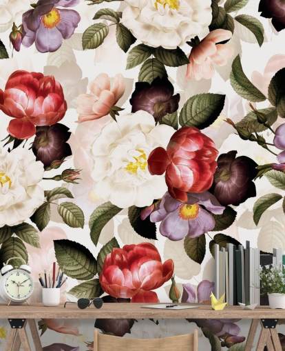 papel pintado floral blanco, rosa y morado papel pintado floral blanco, rosa y morado