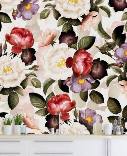 papel de parede floral branco, rosa e roxo papel de parede floral branco, rosa e roxo