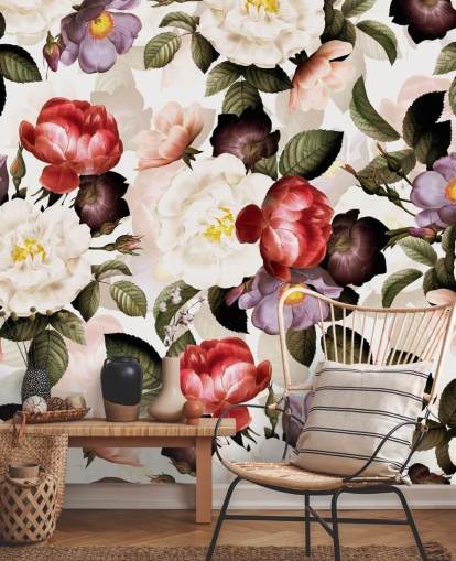 papel de parede floral branco, rosa e roxo