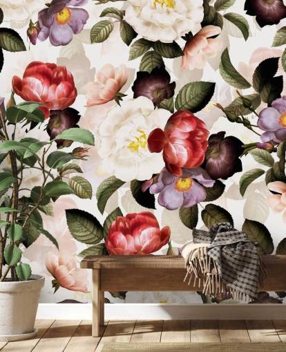 papel pintado floral blanco, rosa y morado papel pintado floral blanco, rosa y morado