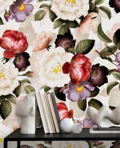 papel pintado floral blanco, rosa y morado papel pintado floral blanco, rosa y morado