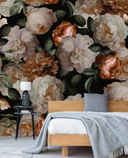 off-white and brassy-pink florals wallpaper