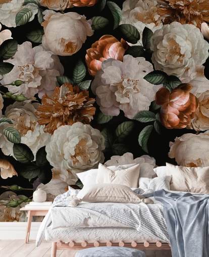 off-white and brassy-pink florals wallpaper