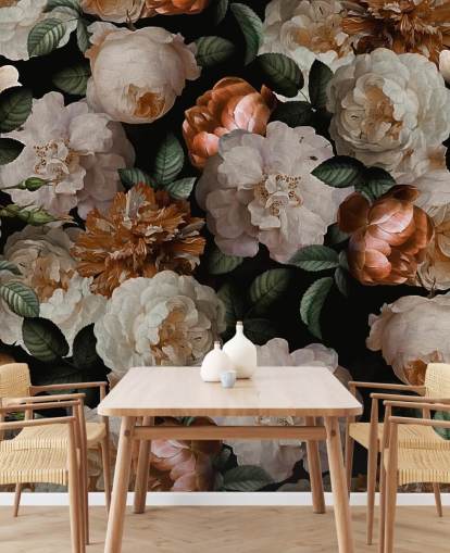 papel pintado flores blanquecino y rosa latón